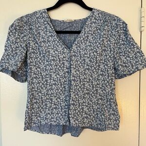 Floral Blue Women's Cotton Button Up Puff Sleeve Top, A Loves A, Size Small